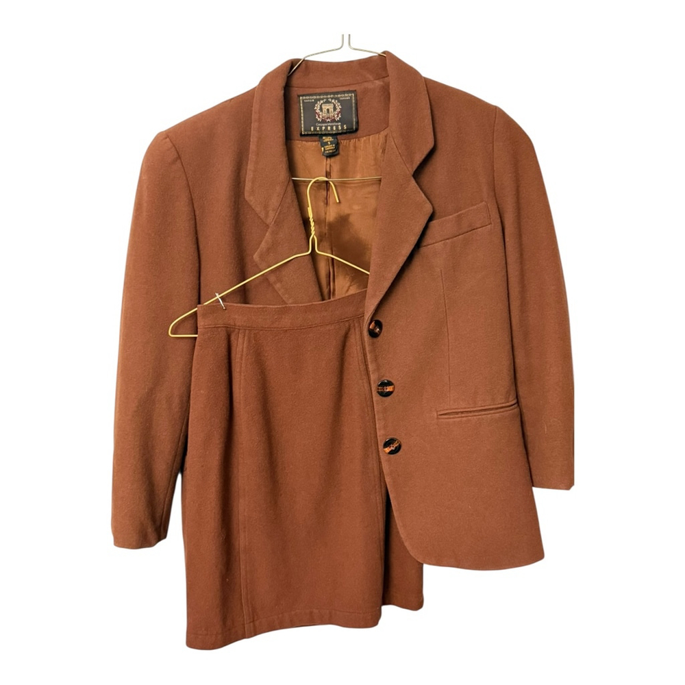 Vintage Express Wool Cashmere Blend Brown Skirt Suit Blazer Set Size Small - Picture 1 of 10